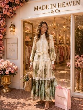 Made in Heaven Cream Floral Lace-Trim Maxi Dress with Palm Print